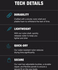 Technical details of Women's Elite Life Jacket With Level 70 Buoyancy, showcasing durability, lightweight, quick-dry, and secure features.
