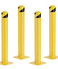 Heavy Duty 42 Inch Steel Safety Bollards 4 Pack, Yellow Powder Coated Parking Barriers with black safety stripes.