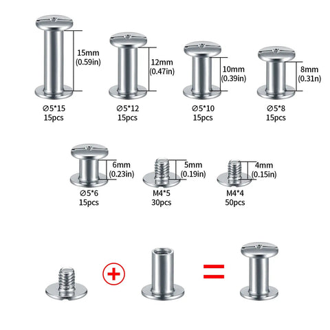 Hella Durable 160 Piece Chicago Screw And Binding Post Set Crafted For Heavy Duty Leather Projects And Photo Book Binding Featuring M4 M5 Size Compatibility With Anti Rust Nickel Finish showing assorted binding screws and post sizes.
