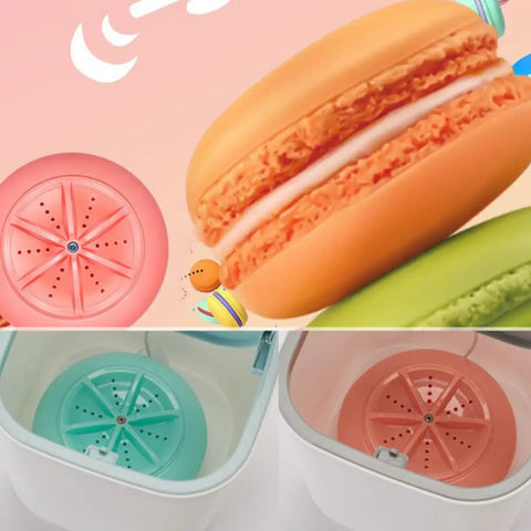 Colorful interior view of the Knock Out Your Laundry Hustle With Slick Portable Mini Washing Machine featuring blue drum spin.