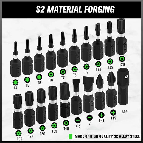 20 Piece Tamper Resistant Torx Bit Set With One Quarter Inch Hex Shank, Impact Grade Security Bits T4 To T40 in S2 alloy steel