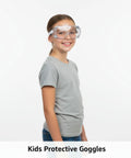 Kid wearing crystal clear PVC goggles, Kids Safety Goggles 8 Pack Adjustable Lightweight Protective Glasses For Boys And Girls.