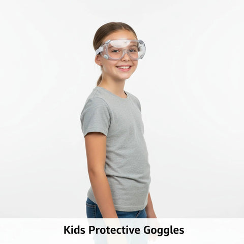 Kid wearing crystal clear PVC goggles, Kids Safety Goggles 8 Pack Adjustable Lightweight Protective Glasses For Boys And Girls.