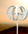 600W Lantern Type Vertical Wind Turbine With 5 Nylon Blades, Controller, And Flange Plate for Marine Boats shown against a sunset backdrop.
