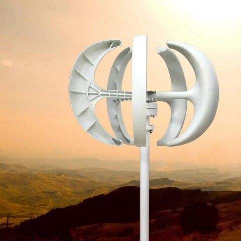 600W Lantern Type Vertical Wind Turbine With 5 Nylon Blades, Controller, And Flange Plate for Marine Boats shown against a sunset backdrop.