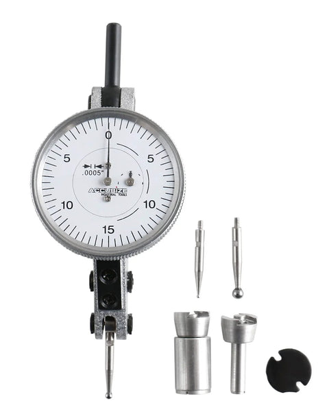 Accusize horizontal dial test indicator with 1.5-in dial; includes two replacement tips and metal adapters.