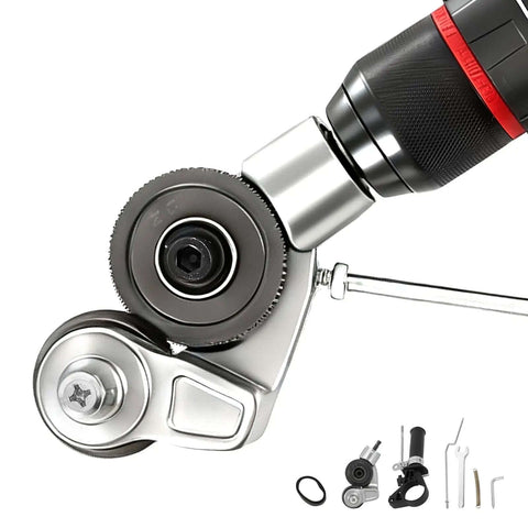 Close-up of Beefed-Up Heavy Duty Metal Nibbler Drill Attachment for quick clean cuts in iron, steel, aluminum, copper, and plastic panels.