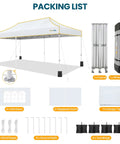 Packing list showing components of Heavy Duty 10x20 Pop Up Canopy Tent With Six Sidewalls, Waterproof Party Shelter, including frame, wheel bag, and sandbags.