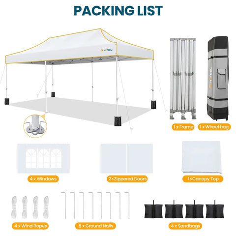 Packing list showing components of Heavy Duty 10x20 Pop Up Canopy Tent With Six Sidewalls, Waterproof Party Shelter, including frame, wheel bag, and sandbags.