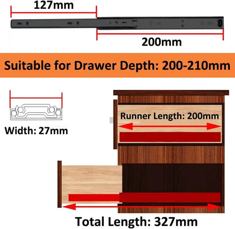 Top Shelf Heavy Duty Black Drawer Slides Pair Full Extension Smooth Glide Runners For Filing Cabinets And Workstations Built Tough Quick Install Side Or Groove Mount Hardware dimensions 200mm length and 27mm width