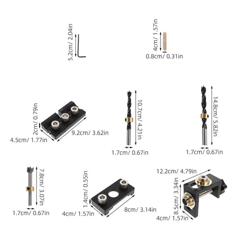 Adjustable Dowel Jig Kit With Precision Drill Guide Locator For Woodworking components, aluminum parts and drill bits with measurements
