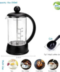 French Press Coffee And Tea Maker 12 Oz With Borosilicate Glass And Four Level Filtration System shown with coffee scoop.