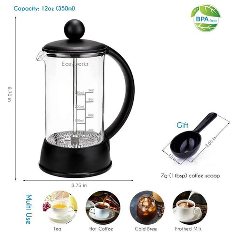 French Press Coffee And Tea Maker 12 Oz With Borosilicate Glass And Four Level Filtration System shown with coffee scoop.