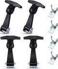 Mudder hood latch set: four black T-handle latches with stainless steel mounting brackets for vehicle hood.