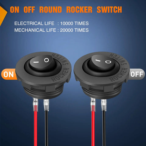 Two Beefy Five Pack Round Rocker Switches With Wiring Harness SPST 2 Pin Pre Wired Waterproof Toggle Switches 20mm 12V DC