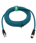 Industrial M12 X Coded 8 Pin Female To RJ45 Cat7e Ethernet Cable 10 Gbps 15m PVC waterproof, coiled, connectors visible