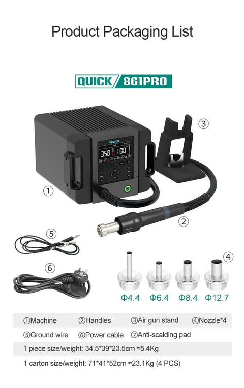 Hot Air Rework Station 1300W With AI Voice Control And Intelligent PID Temp, full color display, accessories, and components shown.