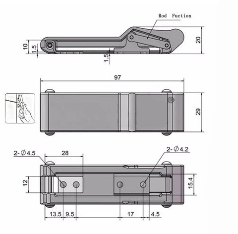 Technical diagram of 5 Pack 4 Inch Flexible Draw Latch With Soft White Rubber Over Center Boat Latch Door Handle