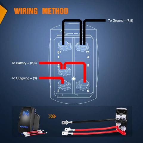 Wiring diagram for Rock On Rocker Switch Led Light Bar Kit, showing connections with blue illumination and jumper wires.