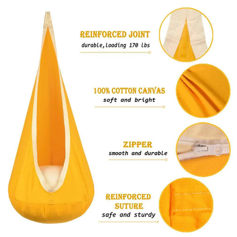 Bright yellow kids pod swing hanging seat for indoor and outdoor use, cotton mat and cushion, showing reinforced joints and zipper.