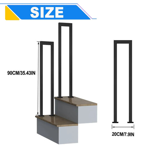 Slick Matte Black U Shaped Stair Handrails Set Of Two Built Tough For Indoor Outdoor Use Industrial Wrought Iron Wall Mount Safety Grab Bar That Just Looks Dang Fine On Your Porch Project dimensions, showing height 90cm and base 20cm.