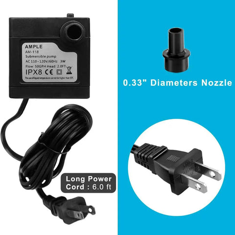 Whisper Quiet 3W 50GPH Mini Submersible Water Pump with long power cord and nozzle for small fountains and aquariums, AC powered