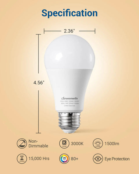 Eight Pack A19 LED Light Bulbs 1500 Lumens 5000K Daylight White 14W Equal To 100W E26 Base Non Dimmable UL Listed Specification
