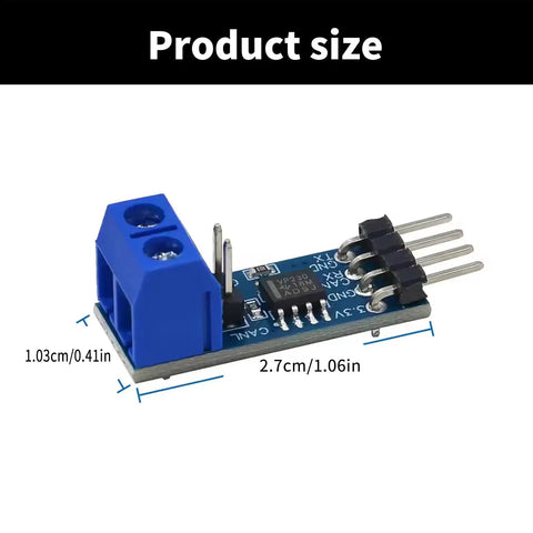 SN65HVD230 Can Bus Transceiver Module showing dimensions of 2.7cm x 1.03cm on a slim blue PCB for embedded applications.
