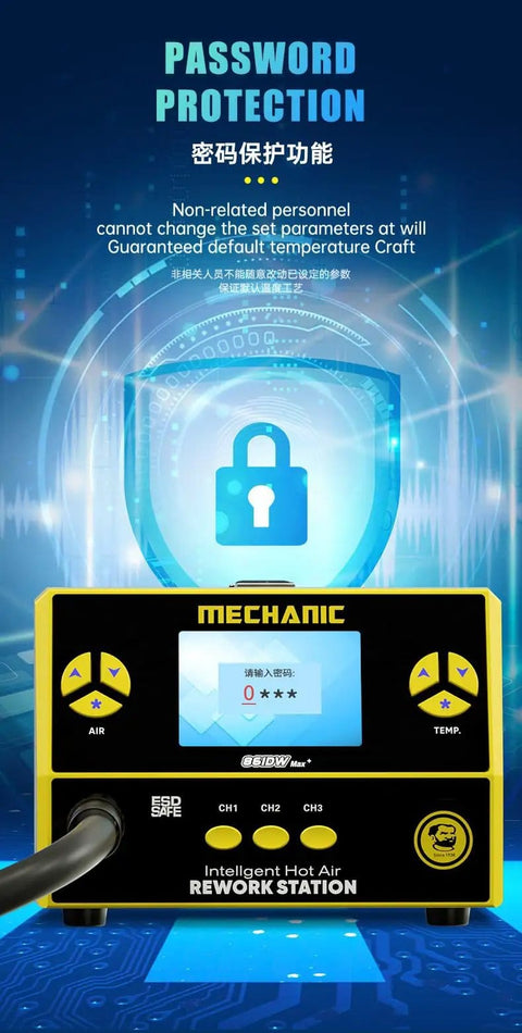 DIY Friendly Pro Grade Hot Air Gun Mechanic 861DW Max Plus 1000W Soldering Station on password protection display