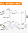 Super Sturdy Two Tier Under Sink Organizer With Adjustable C Shape Base And Smooth Pull Out Rollers showing height and width dimensions.