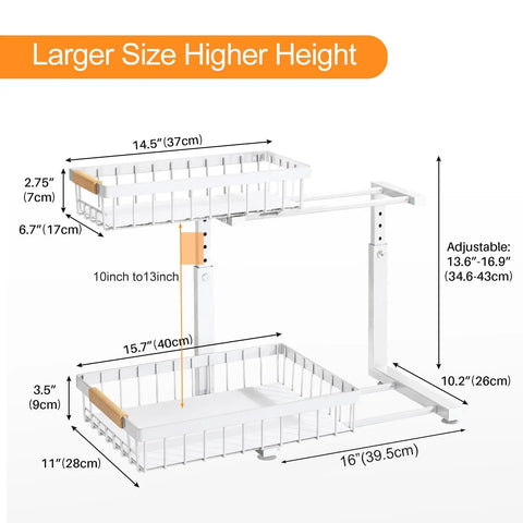 Super Sturdy Two Tier Under Sink Organizer With Adjustable C Shape Base And Smooth Pull Out Rollers showing height and width dimensions.