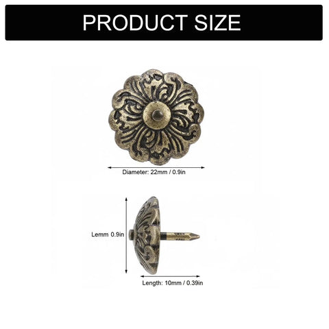 30 Piece Retro Zinc Alloy Upholstery Tacks And Furniture Nails 22mm Round Heads With 10mm Shank For Sofa Chair Bed DIY Makeovers To Snag Quick Fixes And Level Up Your Home Digs Today showing dimensions and detailed floral design.