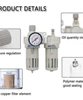 Detailed view of Half Inch NPT Air Compressor Filter Regulator Lubricator Combo With Gauge 0 To 150 PSI showing pressure regulation and copper filter.