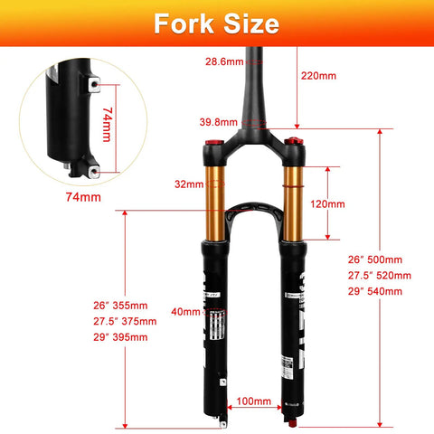 Ultralight Air Suspension Front Fork For MTB With 120mm Travel, 1 1/8 To 1.5 Inch Tapered Steerer, 9mmx100mm QR, measurements diagram