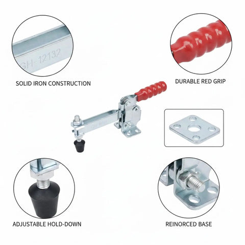 Badass Heavy Duty Iron Toggle Clamp For Woodworking Jigs And Welding Fixtures, features solid iron construction and durable red grip.