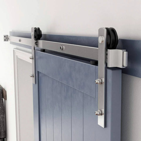 Six Feet Brushed Nickel Sliding Barn Door Hardware Kit for 36 Inch Door installed with smooth quiet track system on blue door