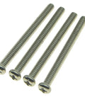 Top Shelf 20 Piece Set Of Nickel Humbucker Pickup Height Screws Accompanied By Rugged Springs Featuring Straight Up Usa Threads For Premium Electric Guitars, close-up of four nickel screws with slotted heads.