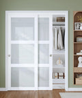 Preassembled Sliding Closet Door 60x80 Inch White Double 31 Inch Panels With 3 Lite Frosted Glass Bypass Door And Hardware Kit Installed in Bedroom
