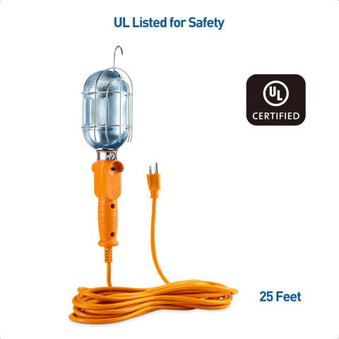 ETL Listed LED Drop Light With 25 Foot Extension Cord, Built-In Outlet, Magnetic Base And Handle In Bright Orange, UL certified