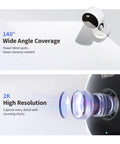 2K Indoor Outdoor Security Camera spotlight showing 140° coverage and lens detail highlighting high resolution