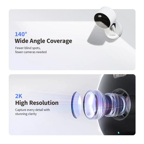 2K Indoor Outdoor Security Camera spotlight showing 140° coverage and lens detail highlighting high resolution