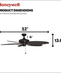 Duval 52 Inch Indoor Outdoor Ceiling Fan With Hand Carved Basswood Blades, Bronze Finish, dimensions shown.