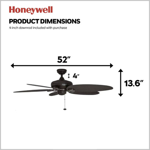 Duval 52 Inch Indoor Outdoor Ceiling Fan With Hand Carved Basswood Blades, Bronze Finish, dimensions shown.