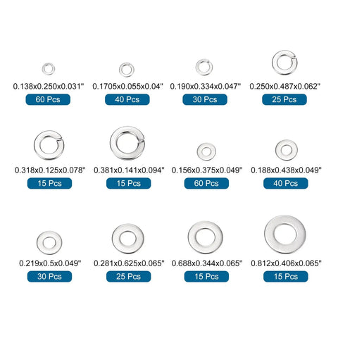 304 Stainless Steel Split Lock Washer And Flat Washer Kit 370 Pieces Assorted Sizes 6 8 10 One Quarter Inch Five Sixteenths Inch Three Eighths Inch Built Tough For DIYers And Pros Home Repair And Projects, size chart