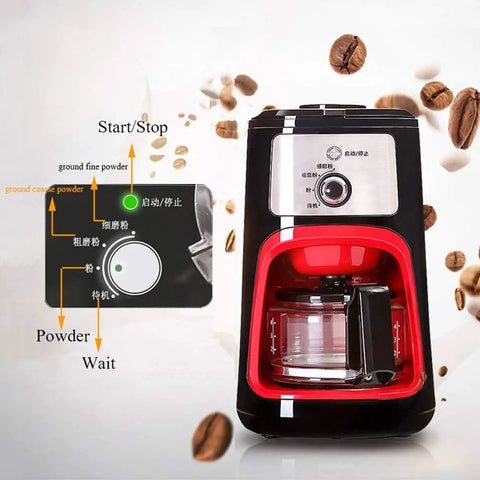 Bean To Cup Coffee Maker Featuring Built In Grinder And 600Ml Glass Carafe with controls for grinding and brewing process.
