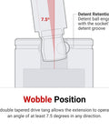 Illustration of Three Eighths Inch Drive Wobble Extension Set showing 7.5-degree angle with detent retention mechanism.