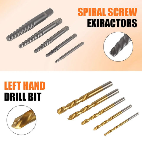 Left Hand Screw Extractor Set For Stripped Screws And Broken Bolts, 10 Piece Cobalt HSS Drill Bit Kit With 19 64th Inch And One Quarter Inch Sizes, showing spiral extractors and left-hand drill bits.