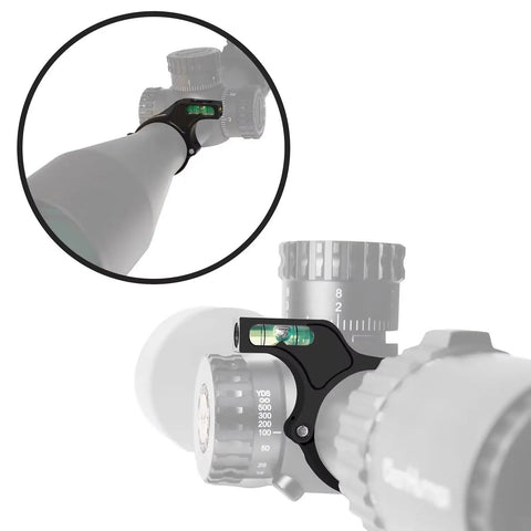 Blue 1-Inch Riflescope Bubble Level Accessory attached to scope, showing quick-flip side mount and precise design.