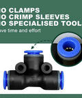 Front view of Sineside vacuum push-lock T-fitting with blue ports on a black body, close-up shows blue top ring