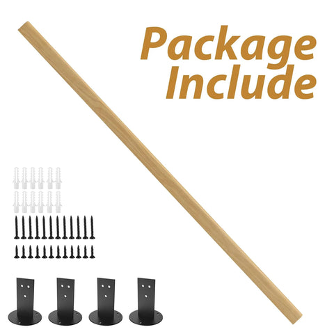 10 Foot Solid Wooden Stair Handrail Built Like A Tank For Indoor Outdoor Wall Mount Safety Grab Rail Featuring A Super Grippy Finish Zero Hassle Install On Any Deck Or Porch components displayed with wooden rail, mounting brackets, screws and anchors